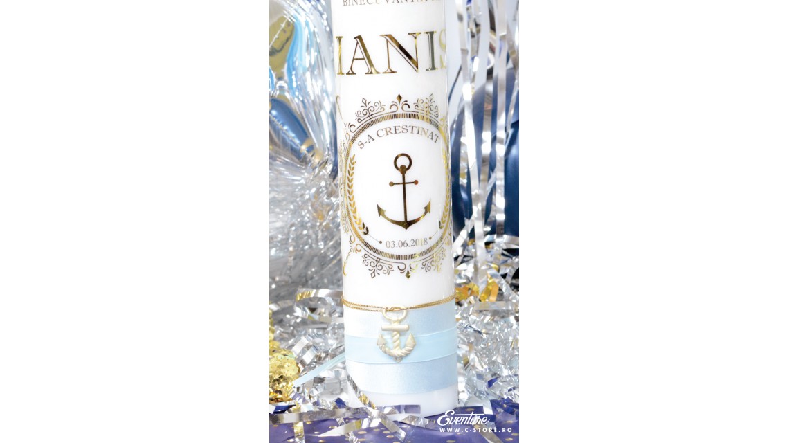 Lumanare de botez personalizata, print folio gold, 30x8cm, Nautic 2